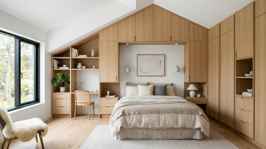 Elegant Scandinavian bedroom interior with architect-designe