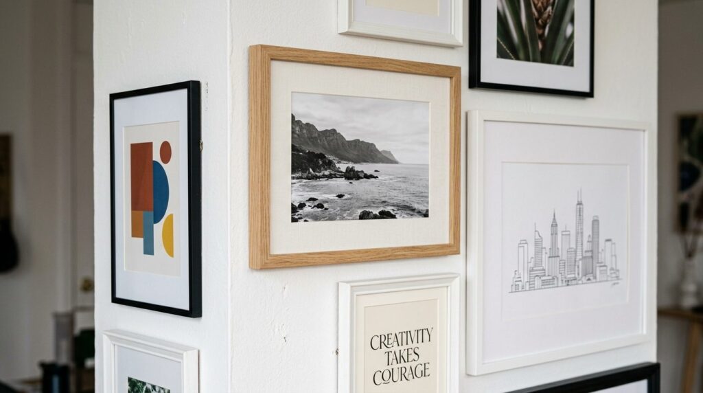 Close-up detail shot of a gallery wall corner showing how di