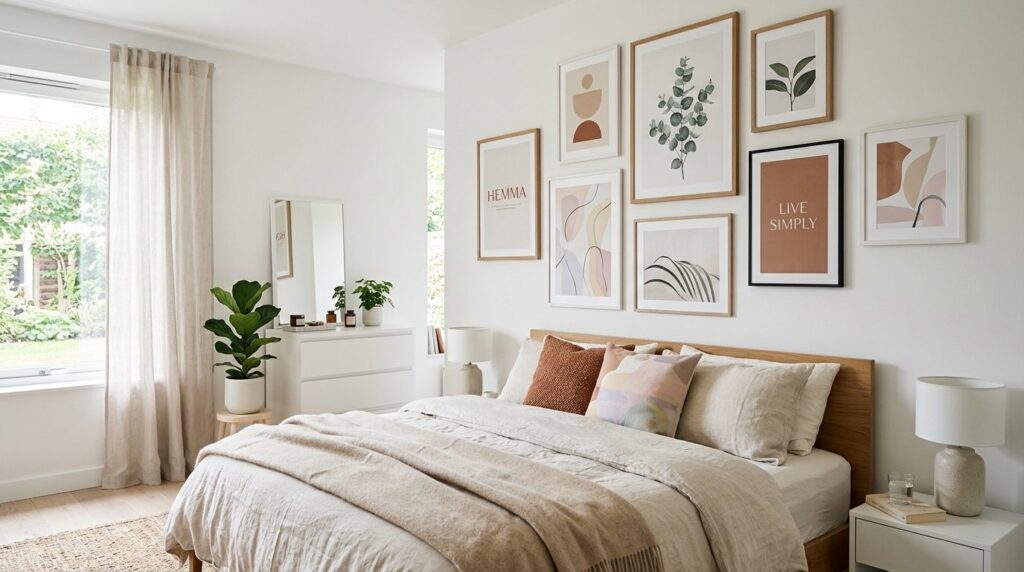 Bright Scandinavian-style bedroom with a statement wall feat