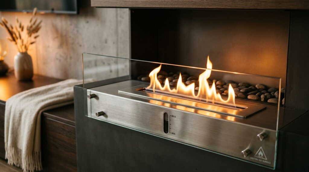 Close-up detail of a bioethanol fireplace with safety featur