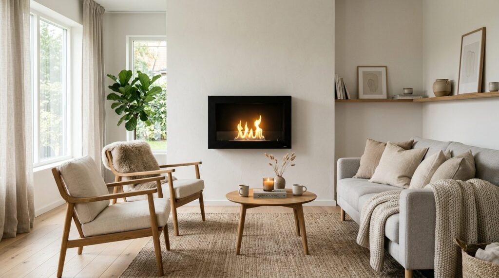 Scandinavian home interior with wall-mounted bioethanol fire