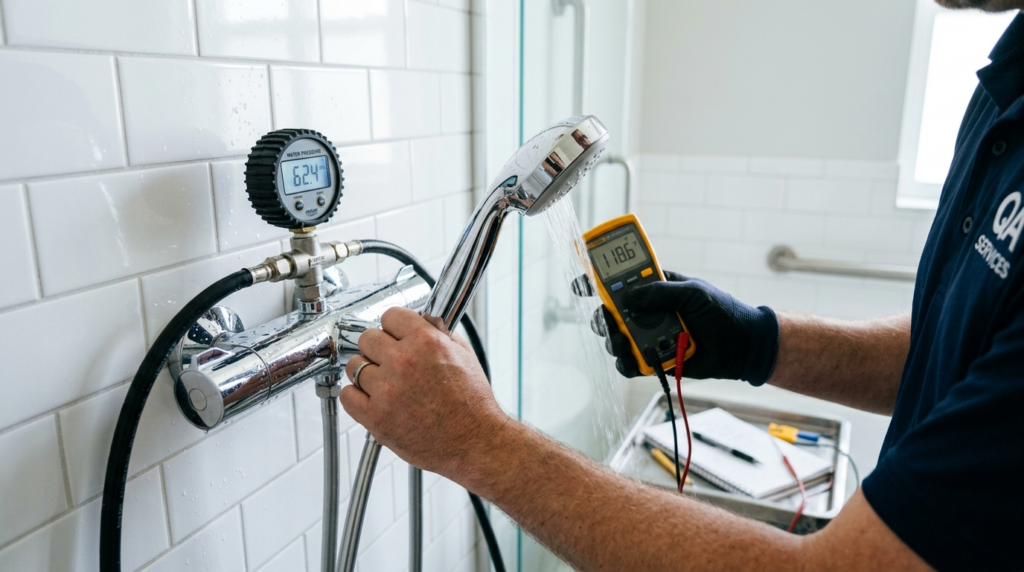 Close-up of engineers hands testing water pressure and temp