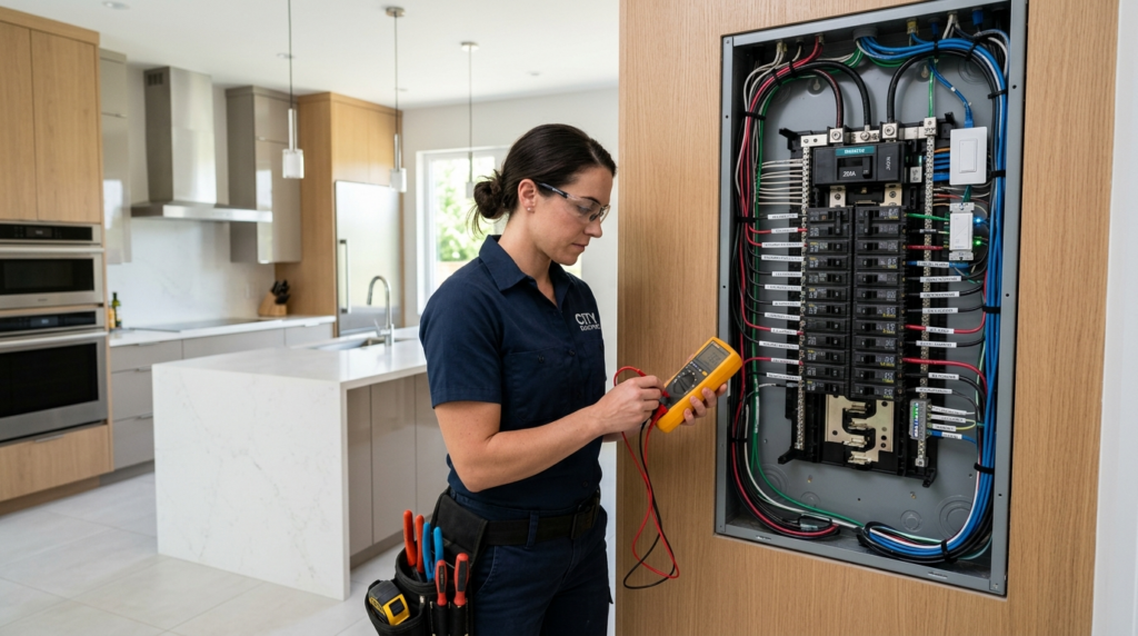 Electrician inspecting electrical panel and smart home syste