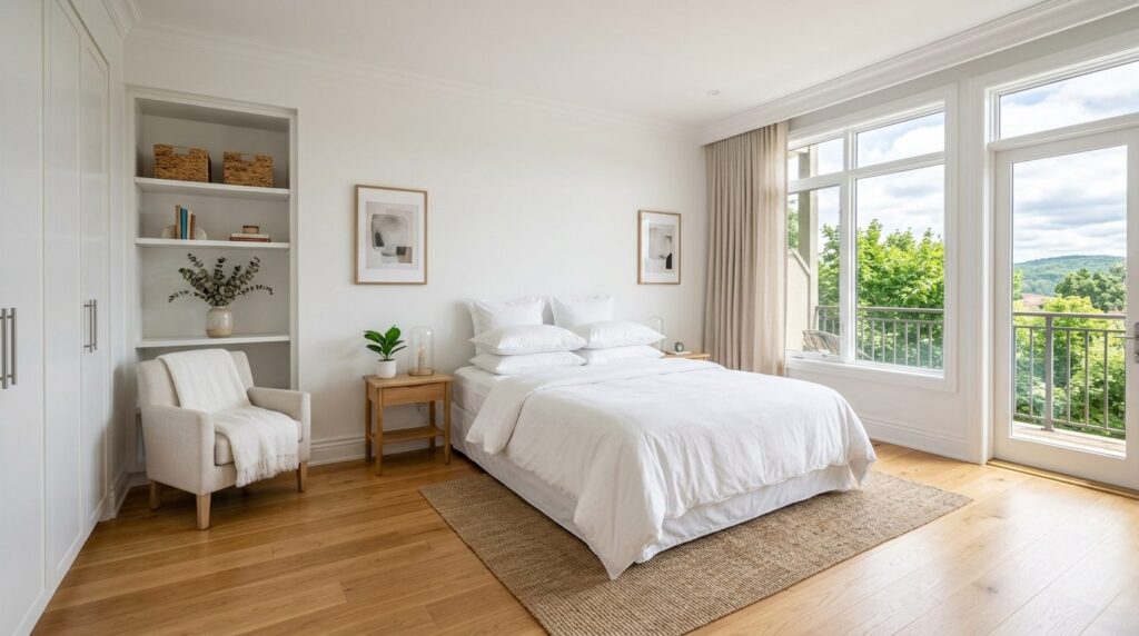 Professional wide-angle photograph of a bright, empty bedroo
