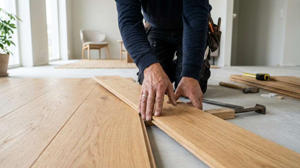 Close-up of skilled craftsmans hands installing premium woo