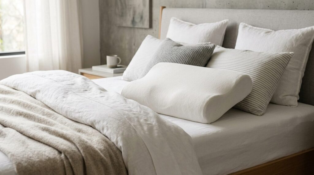 Close-up detail shot of luxury bedding layers and ergonomic 
