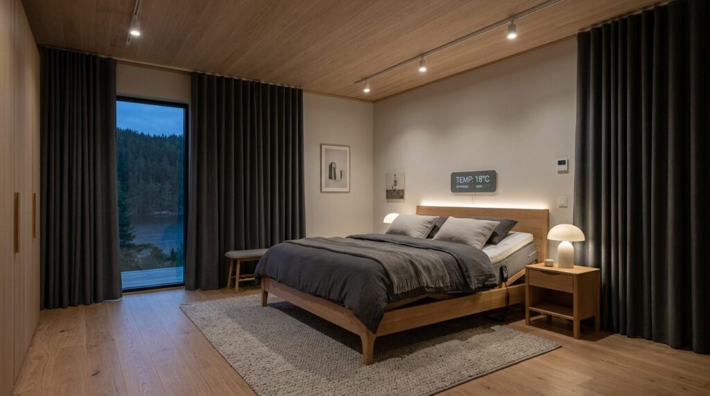 Wide angle view of a serene Scandinavian bedroom with temper