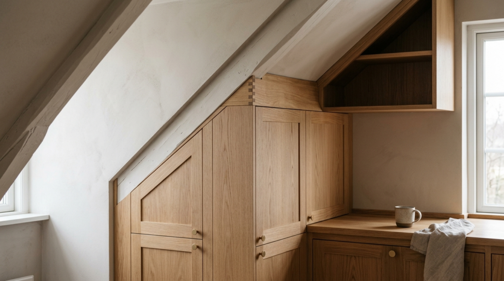 Close-up detail shot of custom-fitted wooden kitchen cabinet