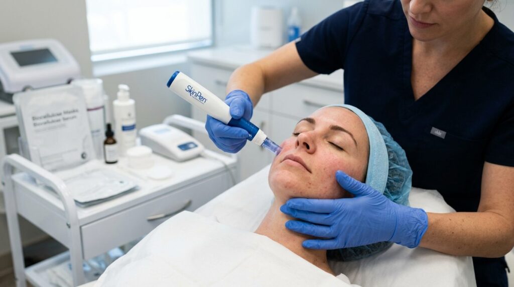 Close-up of dermatologists hands performing SkinPen microne