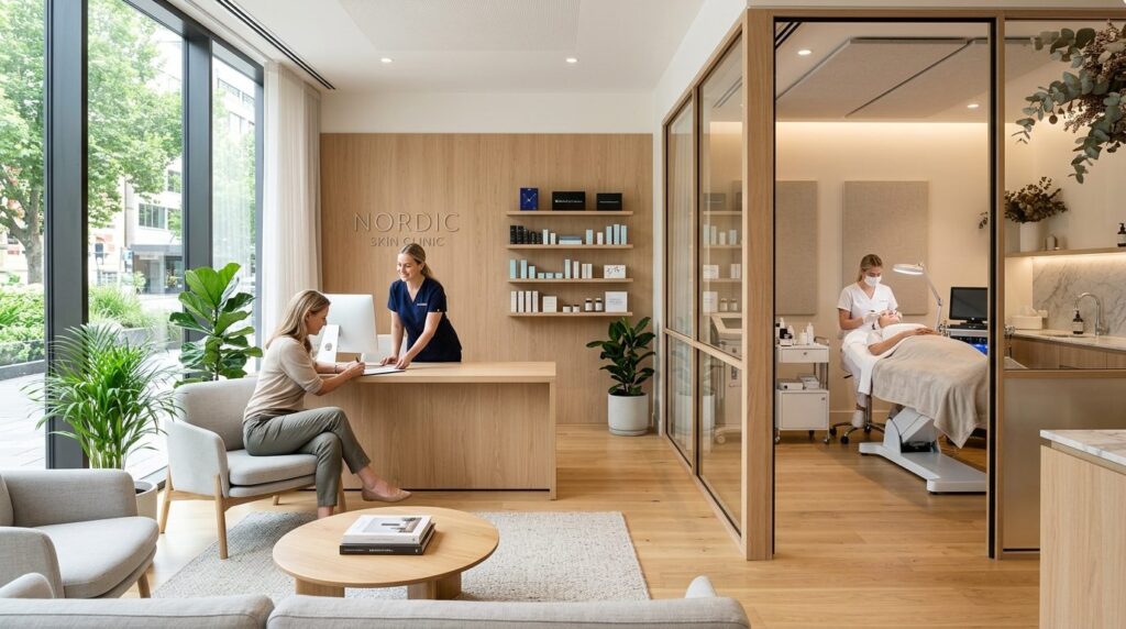 Luxury skincare clinic reception and treatment area with con