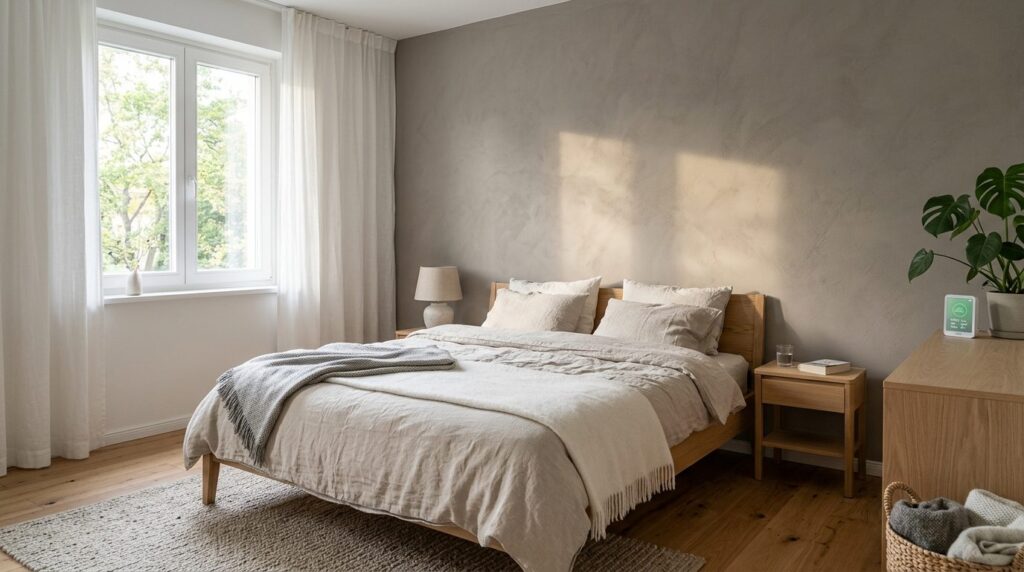 Scandinavian bedroom interior with clay-textured wall paint
