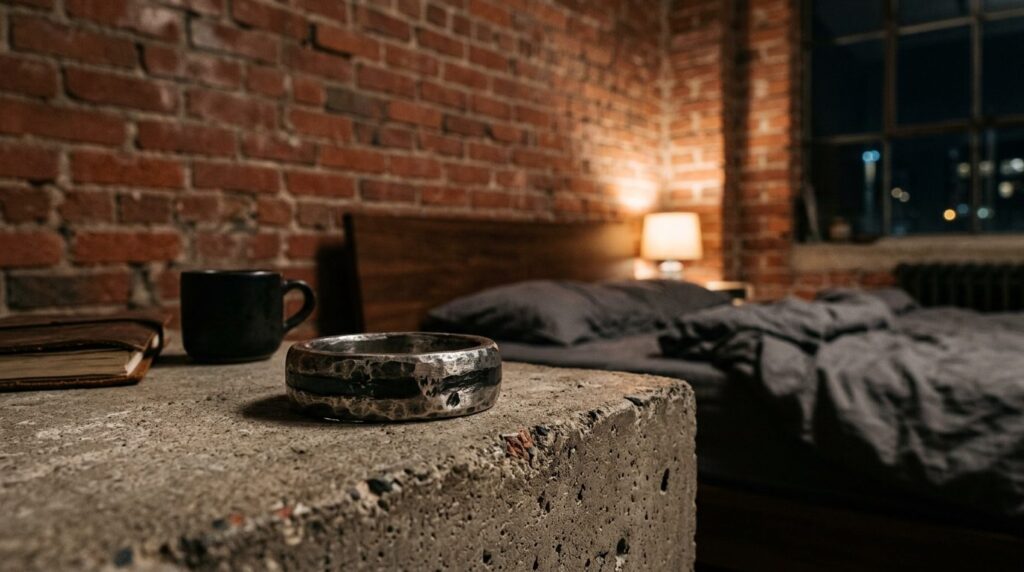 Photorealistic close-up of a raw industrial loft bedroom int