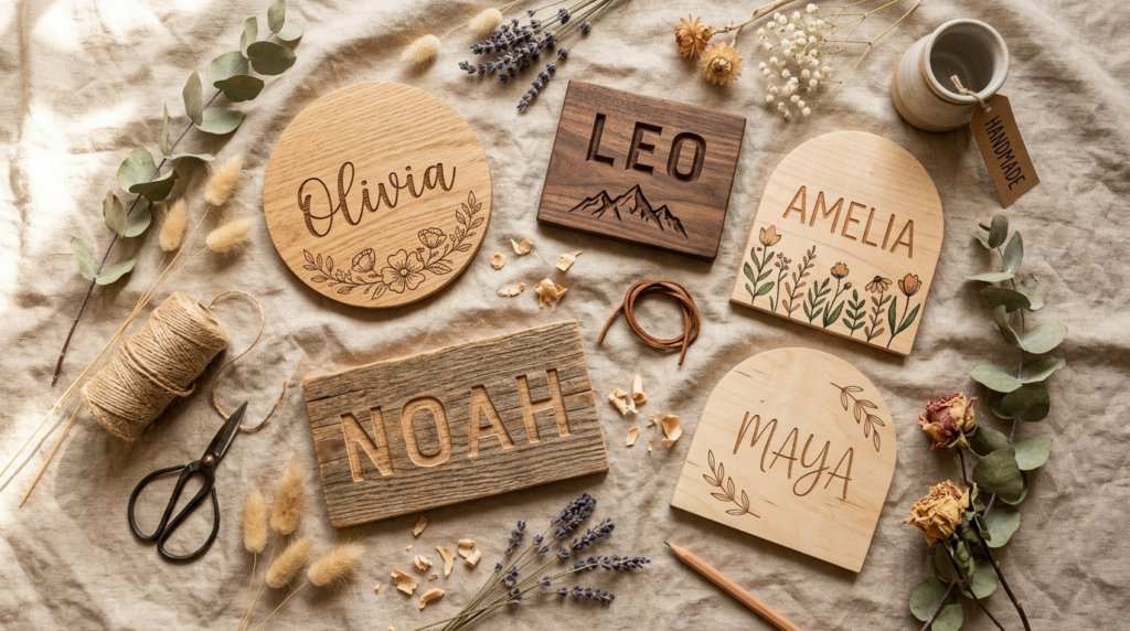 Flat lay lifestyle photograph of personalized wooden name si