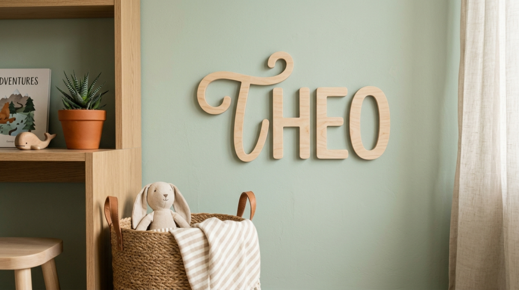 Close-up interior design shot of a custom wooden name sign m