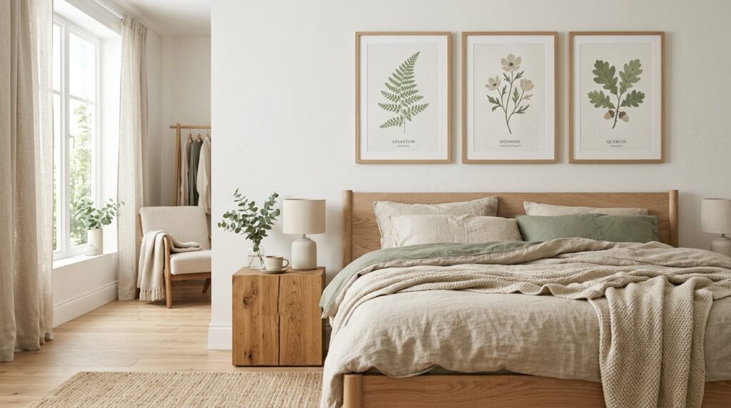 Scandinavian bedroom interior with botanical wall art above