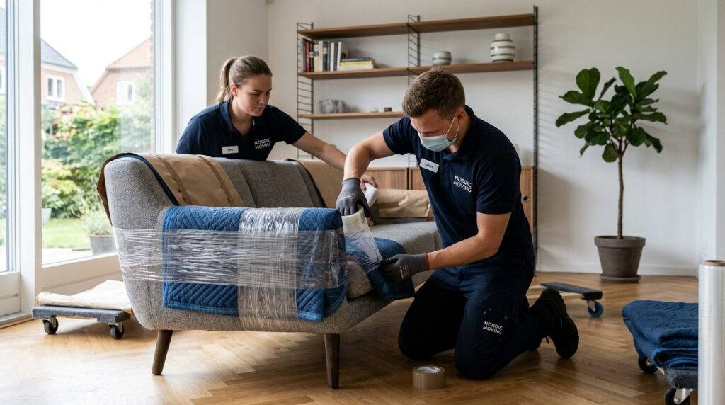 Close-up photorealistic image of professional movers careful