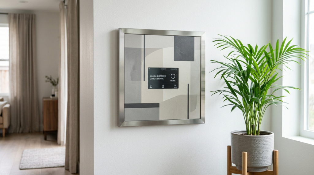 Close-up detail shot of contemporary wall-mounted security p