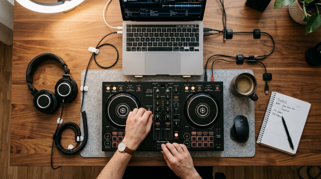 Close-up overhead shot of a beginner DJ setup with hands adj