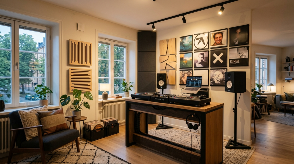 Stylish home DJ room corner in a Scandinavian apartment feat