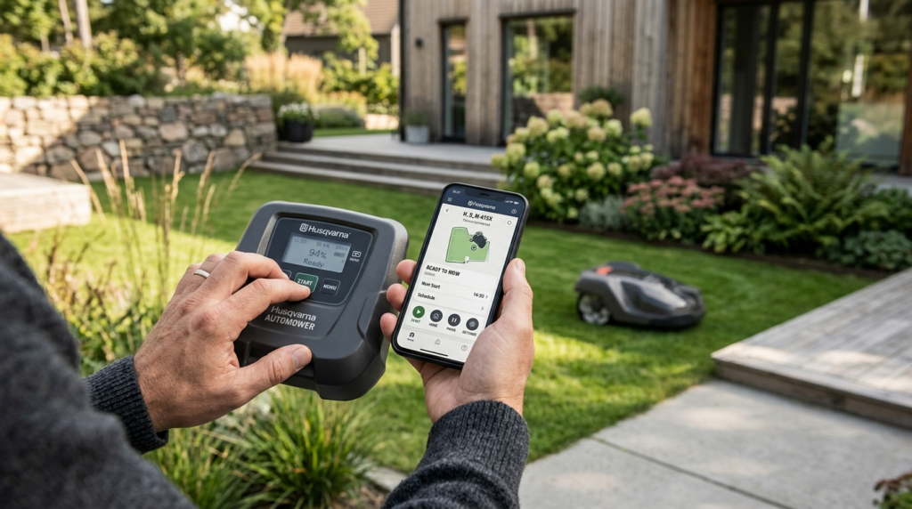 Close-up detail shot of hands holding a robotic lawn mowers