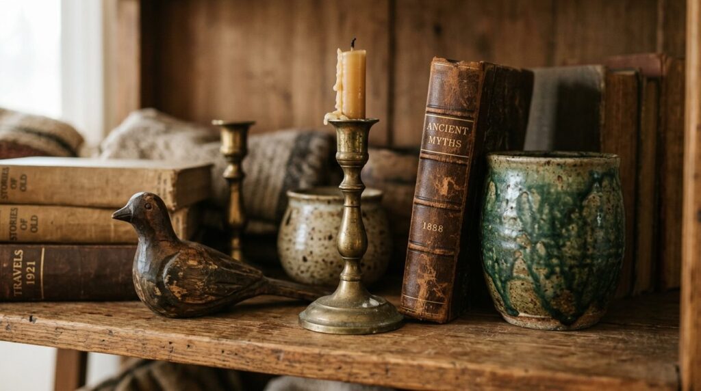 Close-up detail shot of a curated home shelf display mixing