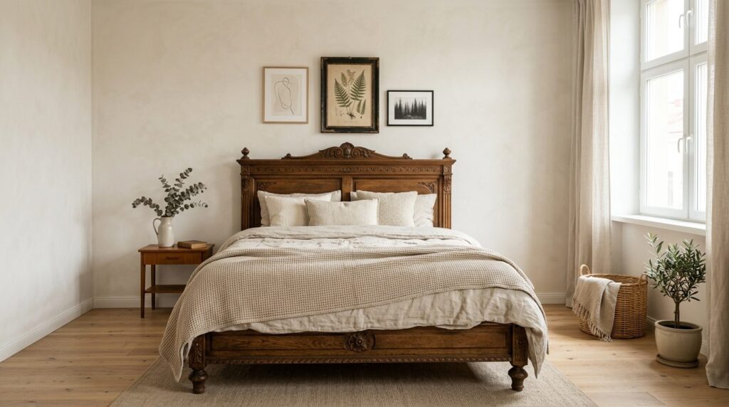Minimalist bedroom interior with one statement vintage piece