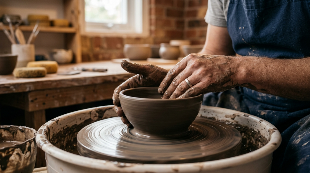 Close-up detail shot of hands working on a pottery wheel wit