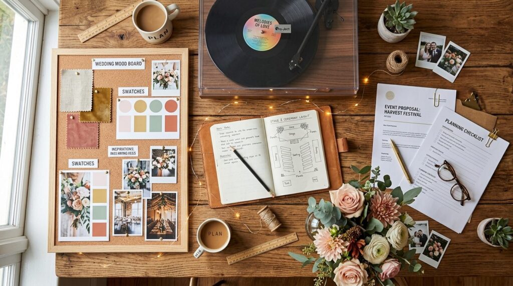 Overhead flat lay composition of a home event planning setup