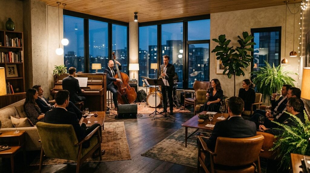 Modern living room transformed into an intimate live music v