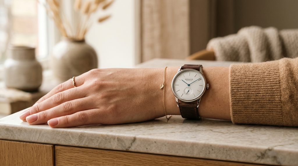Close-up fashion editorial photography, womans wrist wearin