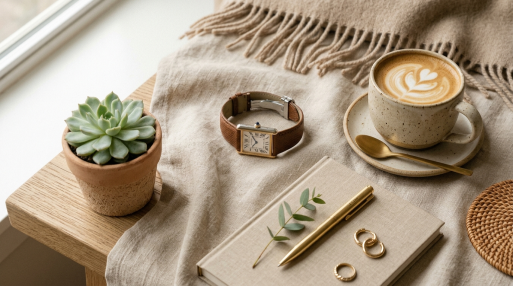 Styled interior design flat lay, designer womens watch as f