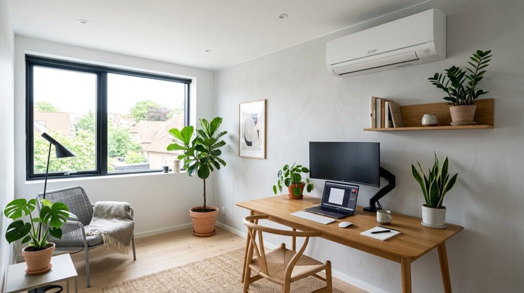 Wide-angle view of a contemporary home office with a discree